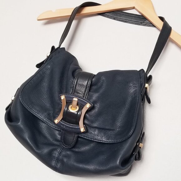 B. Makowsky Navy Blue Black Genuine Leather Shoulder Bag Gold Hardware Hobo Y2K - Picture 2 of 16